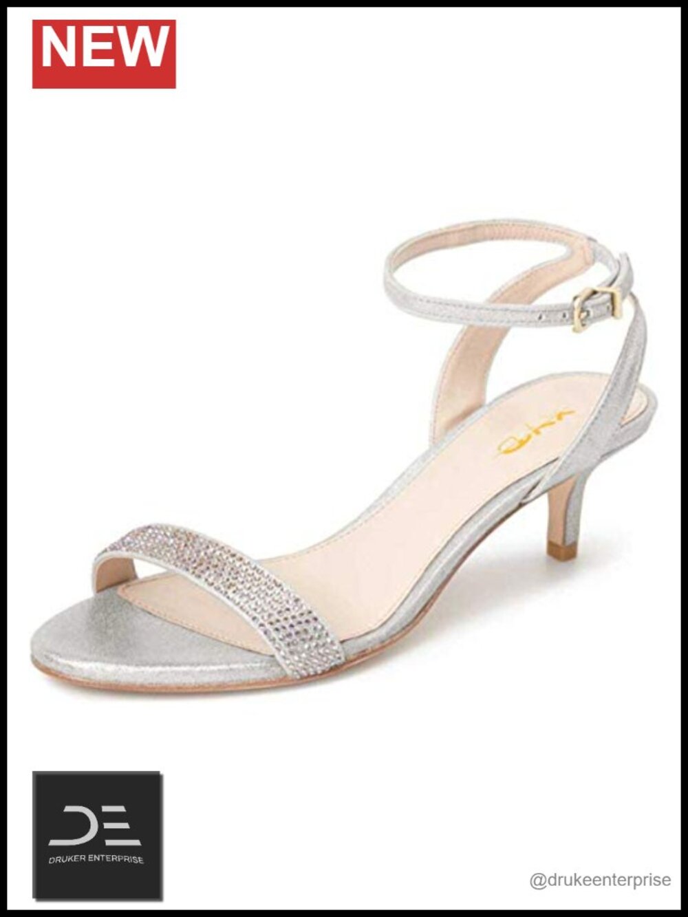 Women Open Toe Ankle Strap Kitten Heel Sandals Rhinestone Studded Buckle Dress